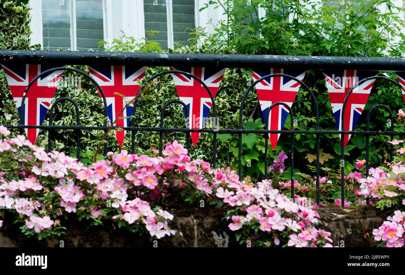 Union Jack bunting for the Queen`s Platinum Jubilee celebrations, Warwick, UK Stock Photo